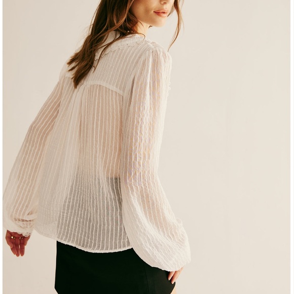 Commense Ruffle Neck Pinstripe Semi-Sheer Shirt - Picture 3 of 3